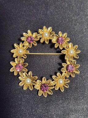 Vintage Gold Floral Wreath Brooch with Purple Crystals and Pearl Centers- Glows